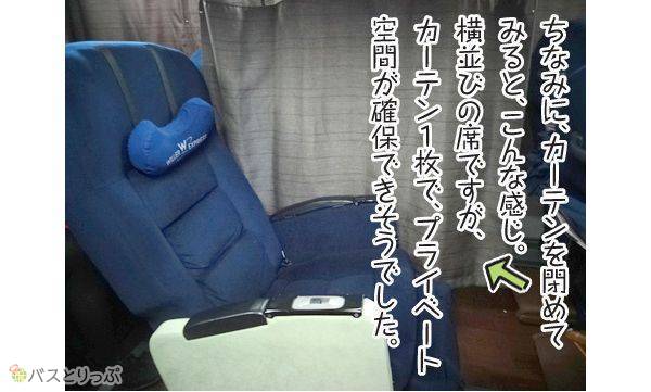 ちなみにカーテンを閉めてみると、こんな感じ。横並びの席ですが、カーテン1枚で、プライベート空間が確保できそうでした。