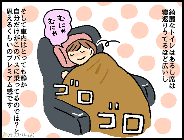 綺麗なトイレはあるし席は寝返りうてるほど広いし そして車内はとっても静か 自分だけがこのバスに乗ってるのでは?と思えるくらいのプレミアム感です