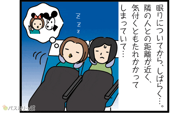眠りについてから、しばらく…。隣の人との距離が近く、気付くともたれかかってしまっていて…