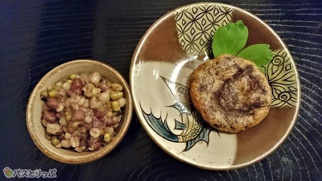 青豆と麦を使った沖縄ぜんざいと葛芋を使った天ぷら