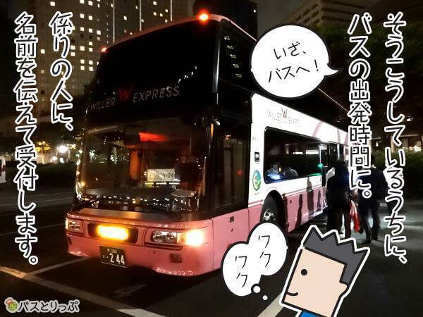 そうこうしているうちに、バスの出発時間に。いざバスへ！ワクワク　係の人に。名前を伝えて受付します。