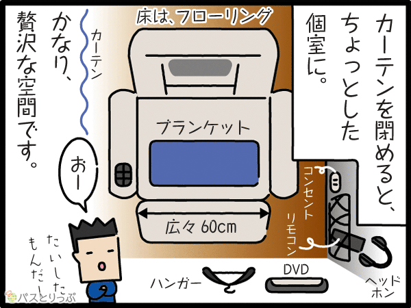 カーテンを閉めると、ちょっとした個室に。かなり、贅沢な空間です。