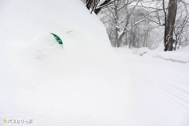  雪に埋もれつつも、かろうじて”主張”する峡雲荘のバス停