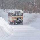 屋根に雪を積もらせながら、力強く登り道を往く