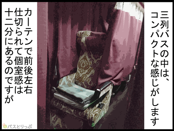 三列バスの中は、コンパクトな感じがします　カーテンで前後左右仕切られて個室間は十二分にあるのですが