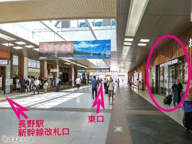 長野駅新幹線改札口の真向い。観光情報センターと繋がっています