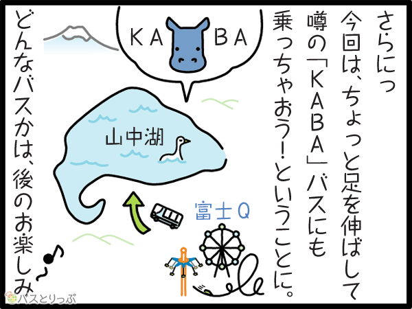さらに今回はちょっと足を伸ばして、噂の「KABA」バスにも乗っちゃおう！ということに。どんなバスかは、後のお楽しみ。
