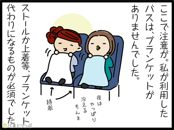 ここで注意。私が利用したバスには、ブランケットがありませんでした。ストールや上着等、ブランケットの代わりになるものが必須でした。