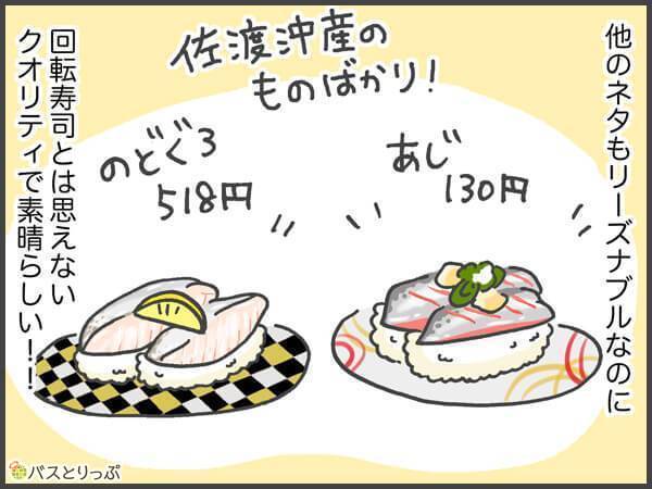 他のネタもリーズナブルなのに回転寿司とは思えないクオリティで素晴らしい！！佐渡産沖のものばかり！あじ130円。のどぐろ518円。