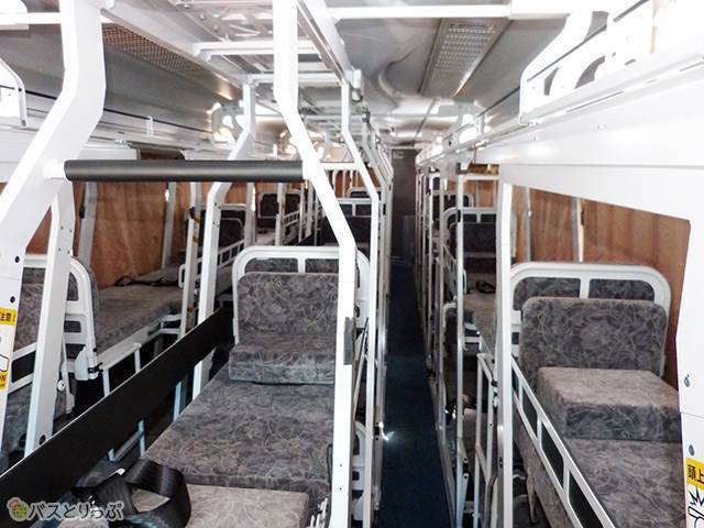 車内には縦3列で2段ベッド型のシートが並んでいる形（写真はカーテンや寝具がない状態）